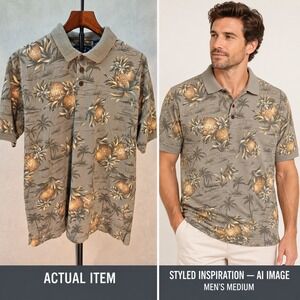 Vintage Biscayne Bay Men's Medium Pineapple Palm Tree Polo Shirt Green Cotton